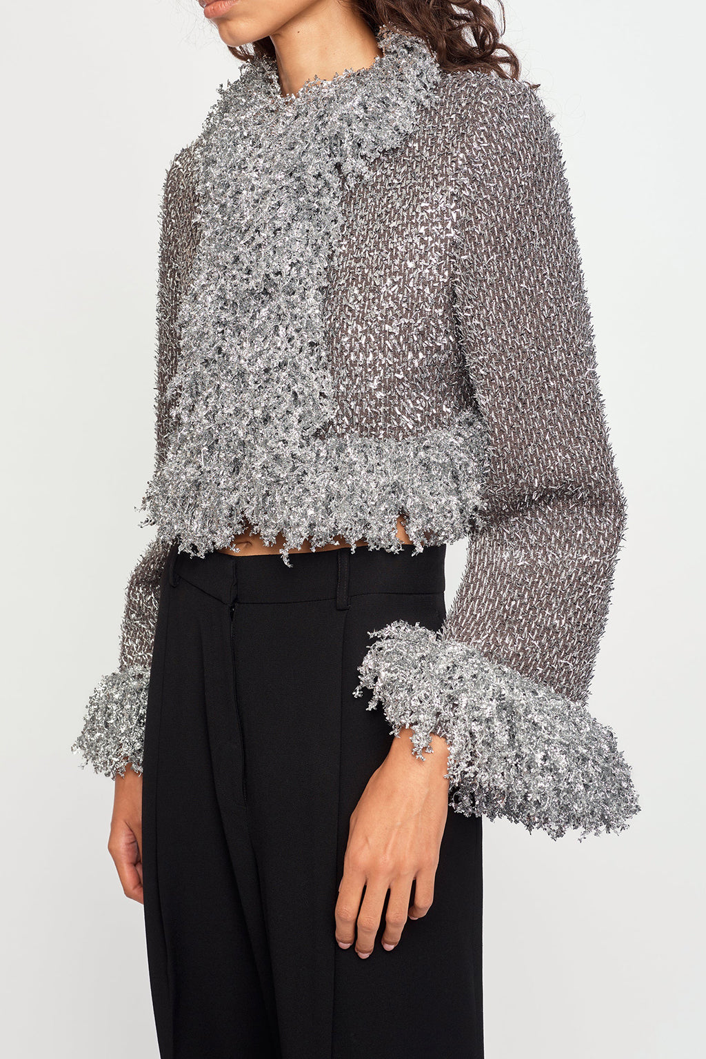 SILVER METALLIC CROPPED FRINGE JACKET *pre-order*