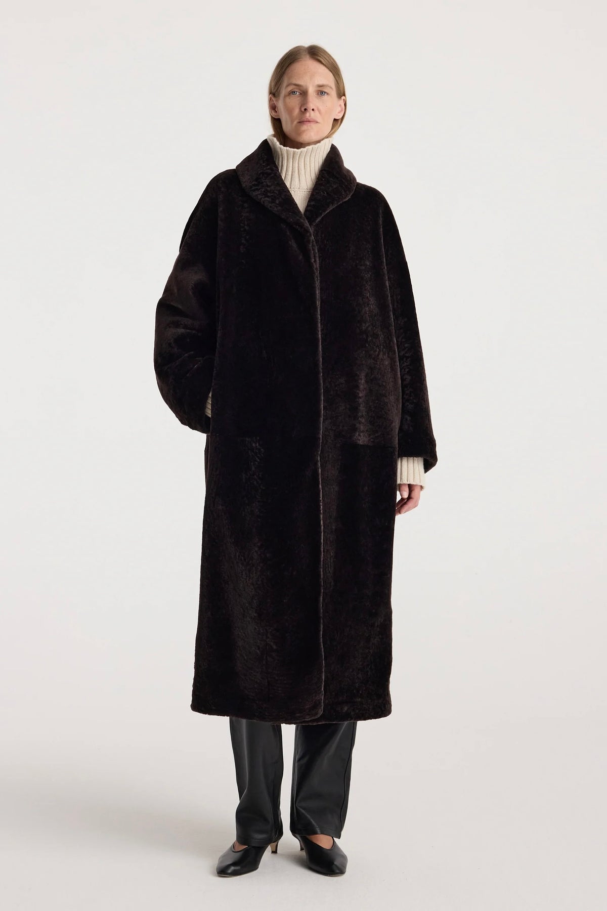 SHEARLING LEATHER SHAWL COLLAR COAT