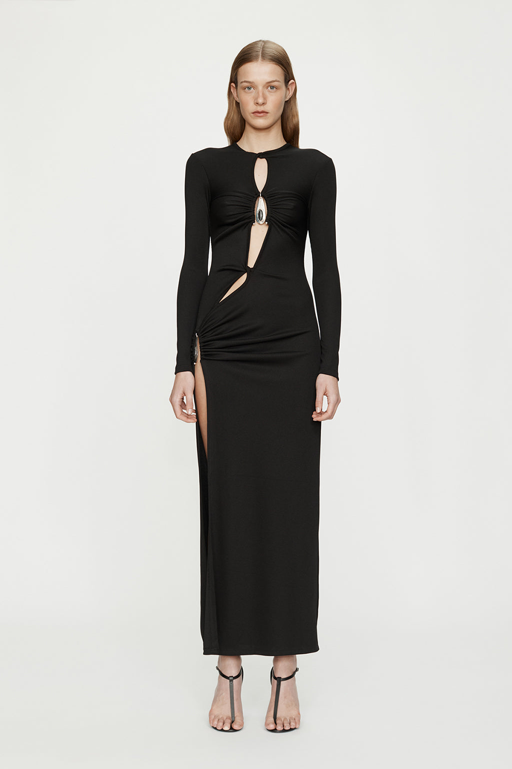 CRYSTAL PENDANT OPEN TWIST LONG SLEEVE DRESS