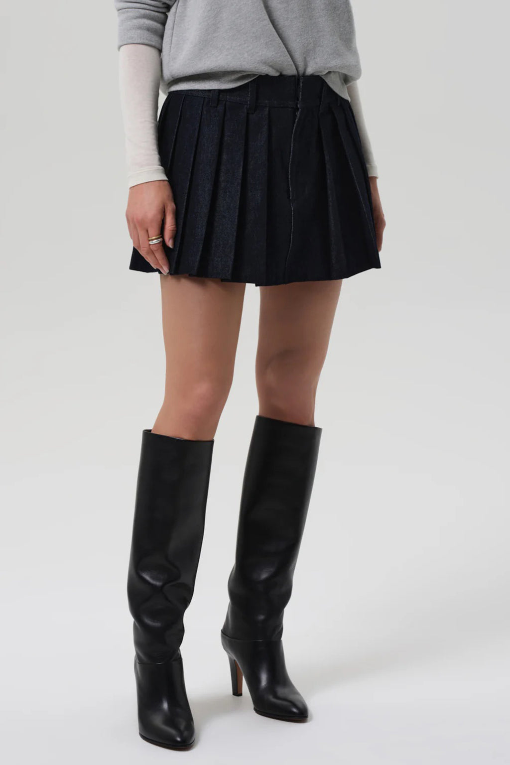 PLEATED DENIM MINI SKIRT