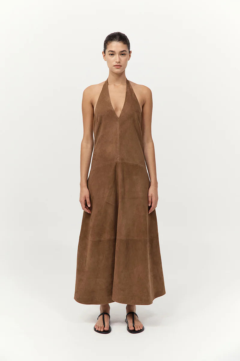 SUEDE HALTER PLUNGE DRESS