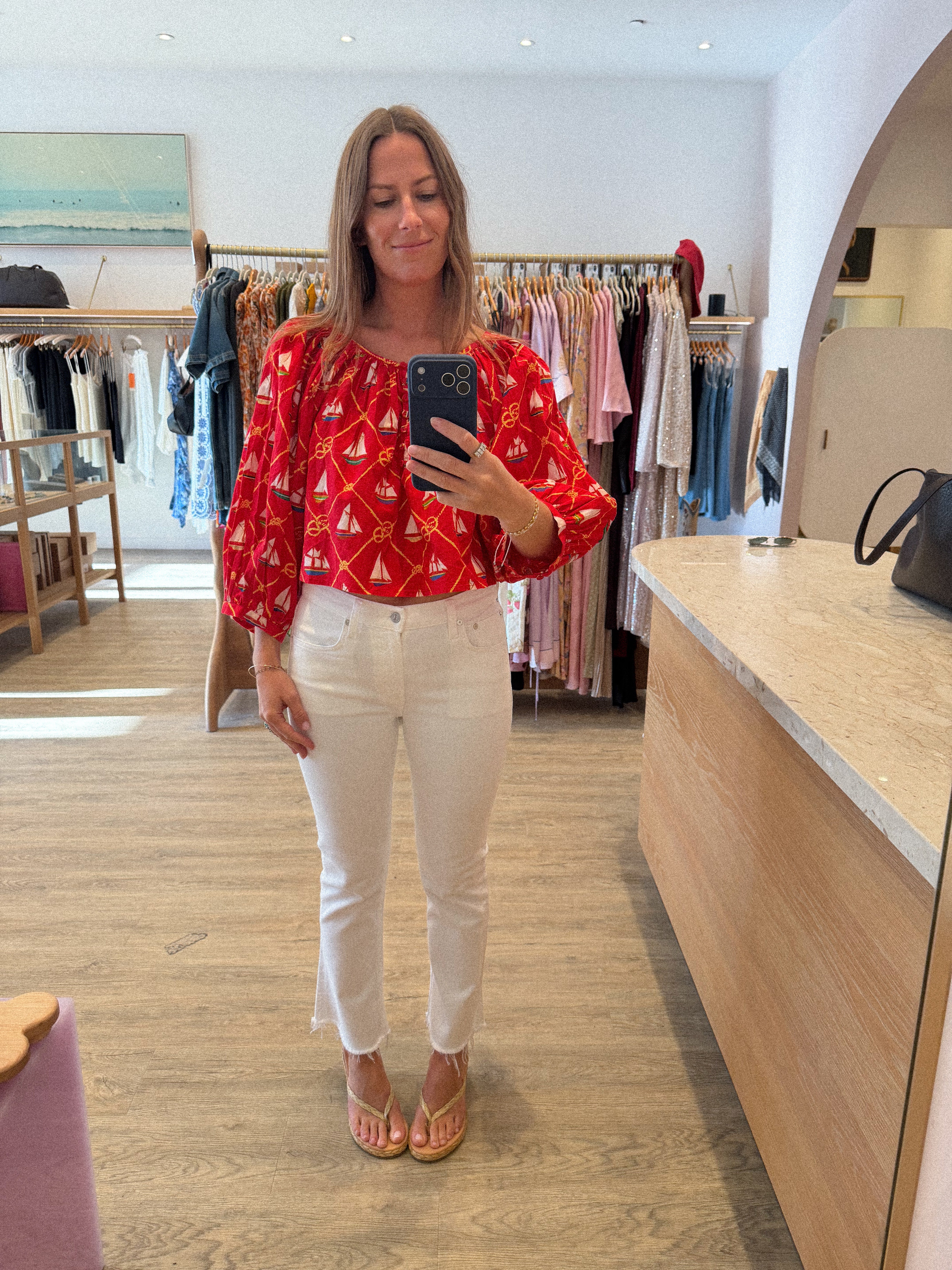CROPPED SHIRRED HALF PLACKET BLOUSE