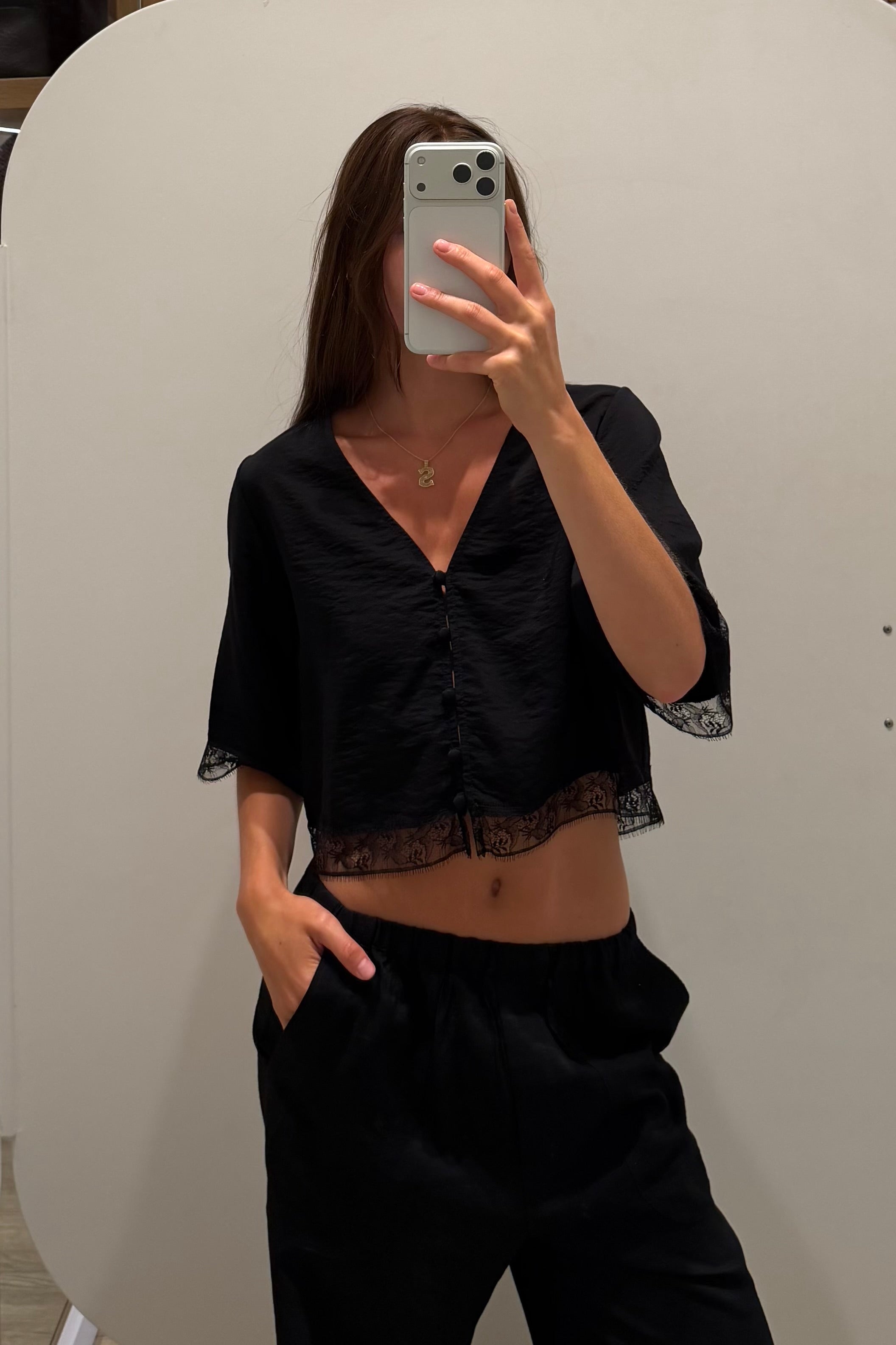 SIMONE SHORT SLEEVE BUTTON DOWN TOP WITH LACE