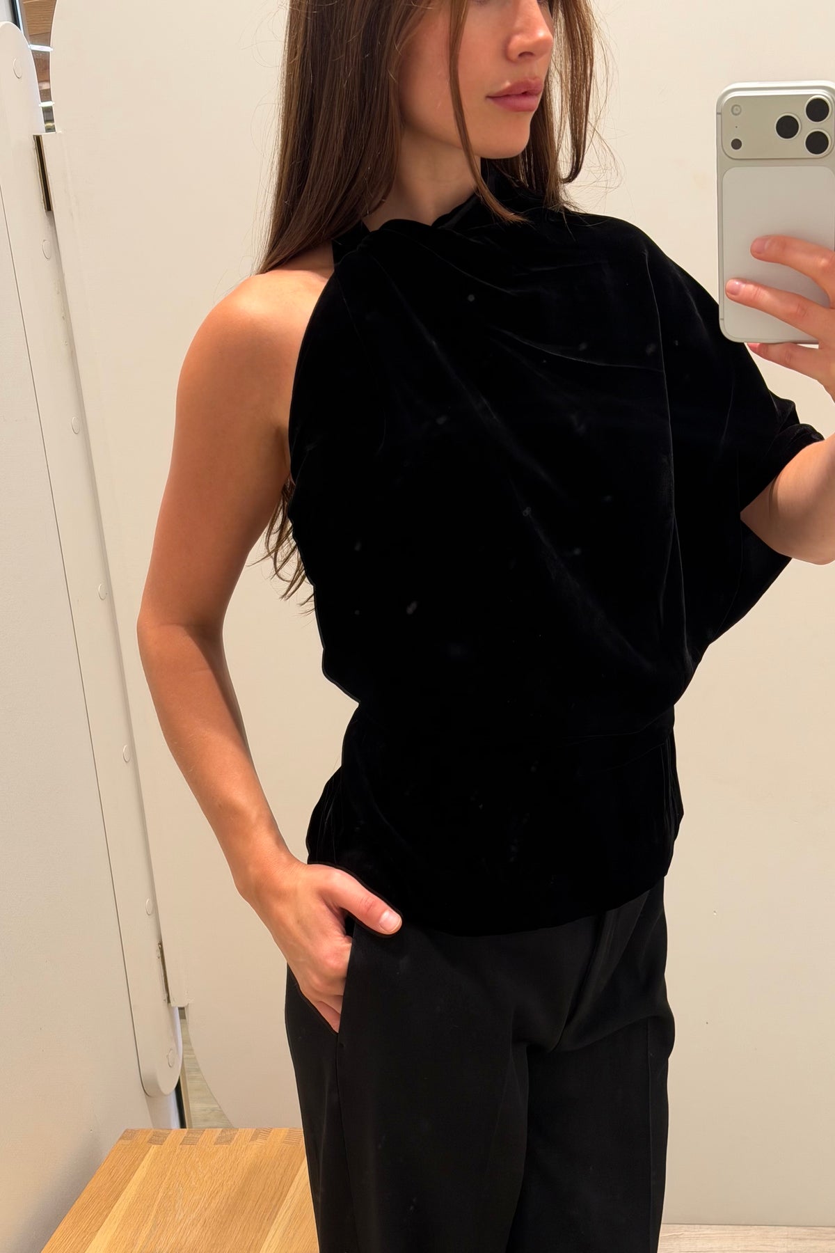 DRAPED OPEN BACK SILK VELVET TOP