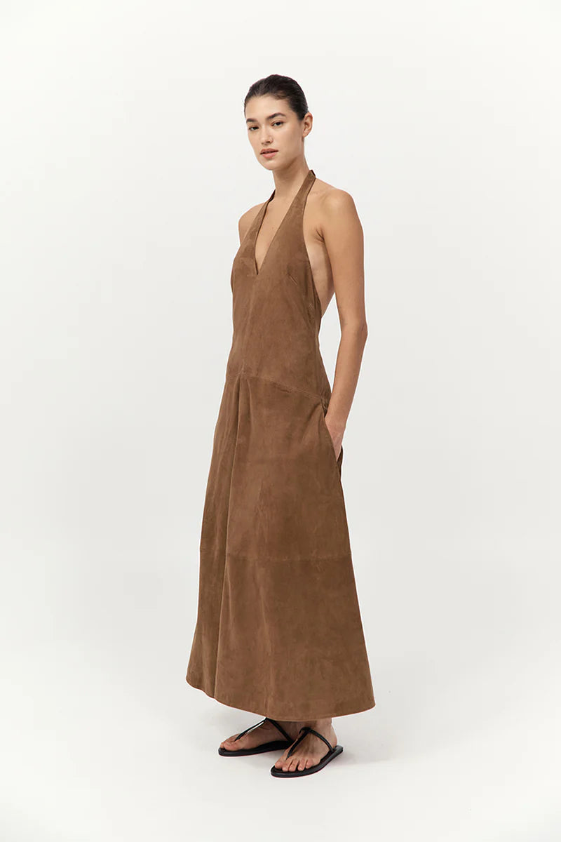 SUEDE HALTER PLUNGE DRESS