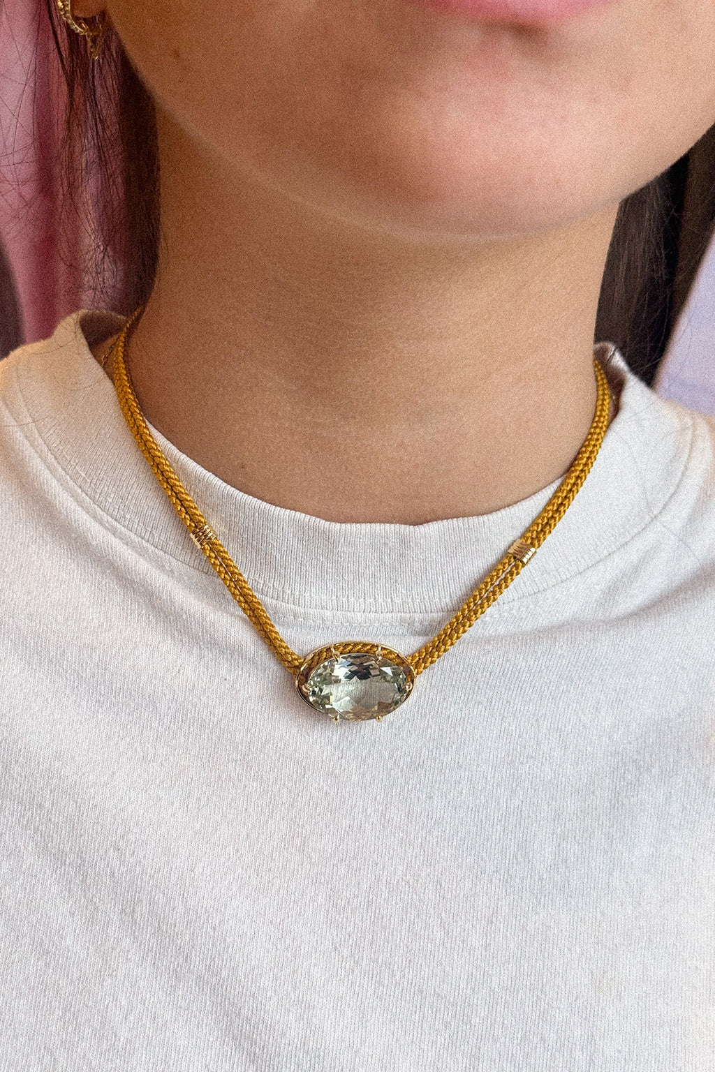 GREEN AMETHYST SILK CORD PENDANT NECKLACE