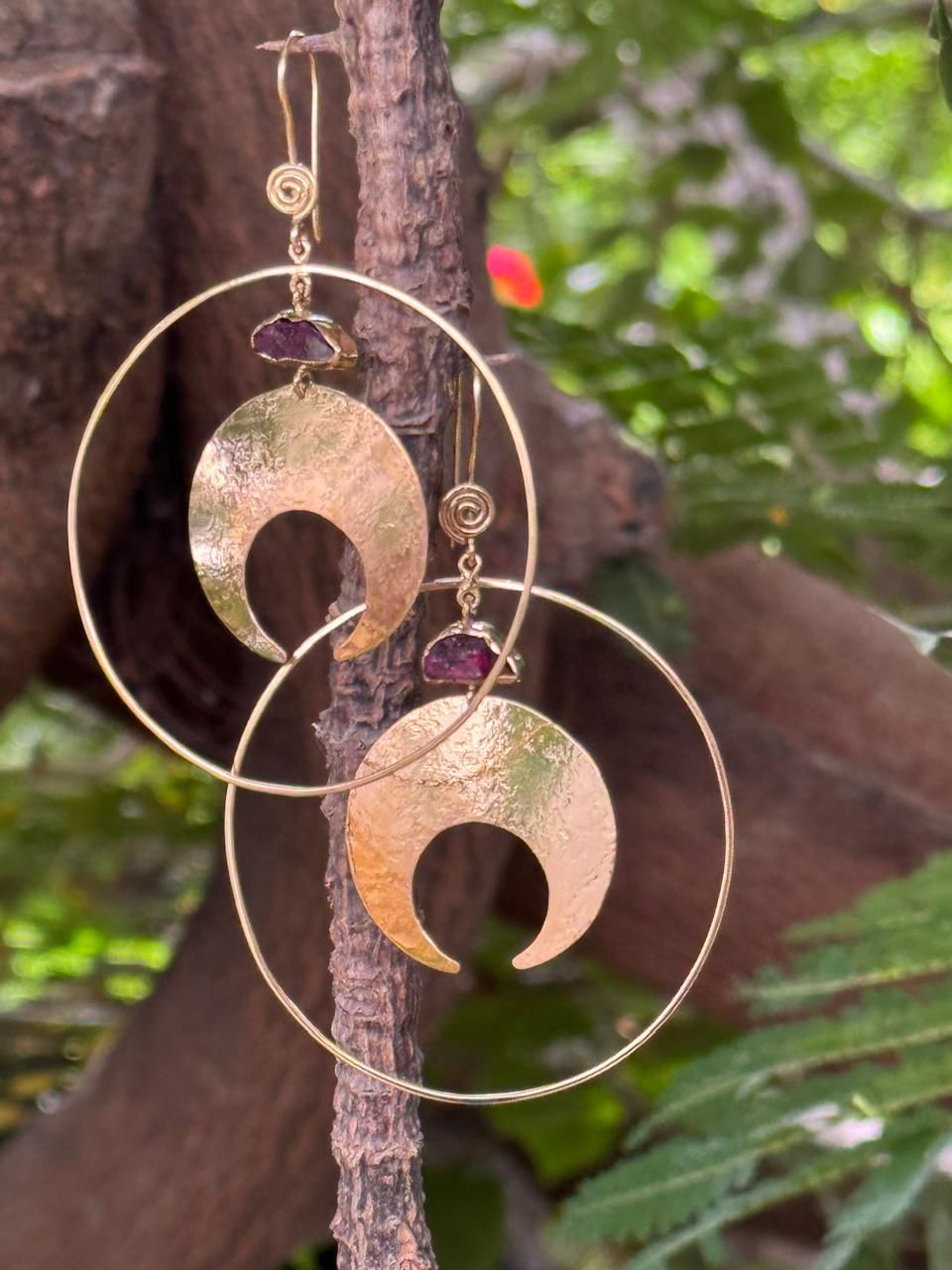 MOON GOLD HOOPS WITH RAW UNCUT RUBY