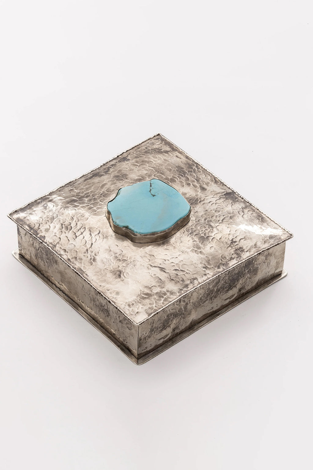SQUARE 6" X 6" DIMPLED SILVER BOX WITH TURQUOISE