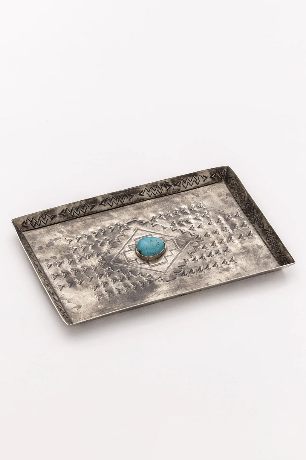 MEDIUM SILVER STAMPED TRAY WITH TURQUOISE