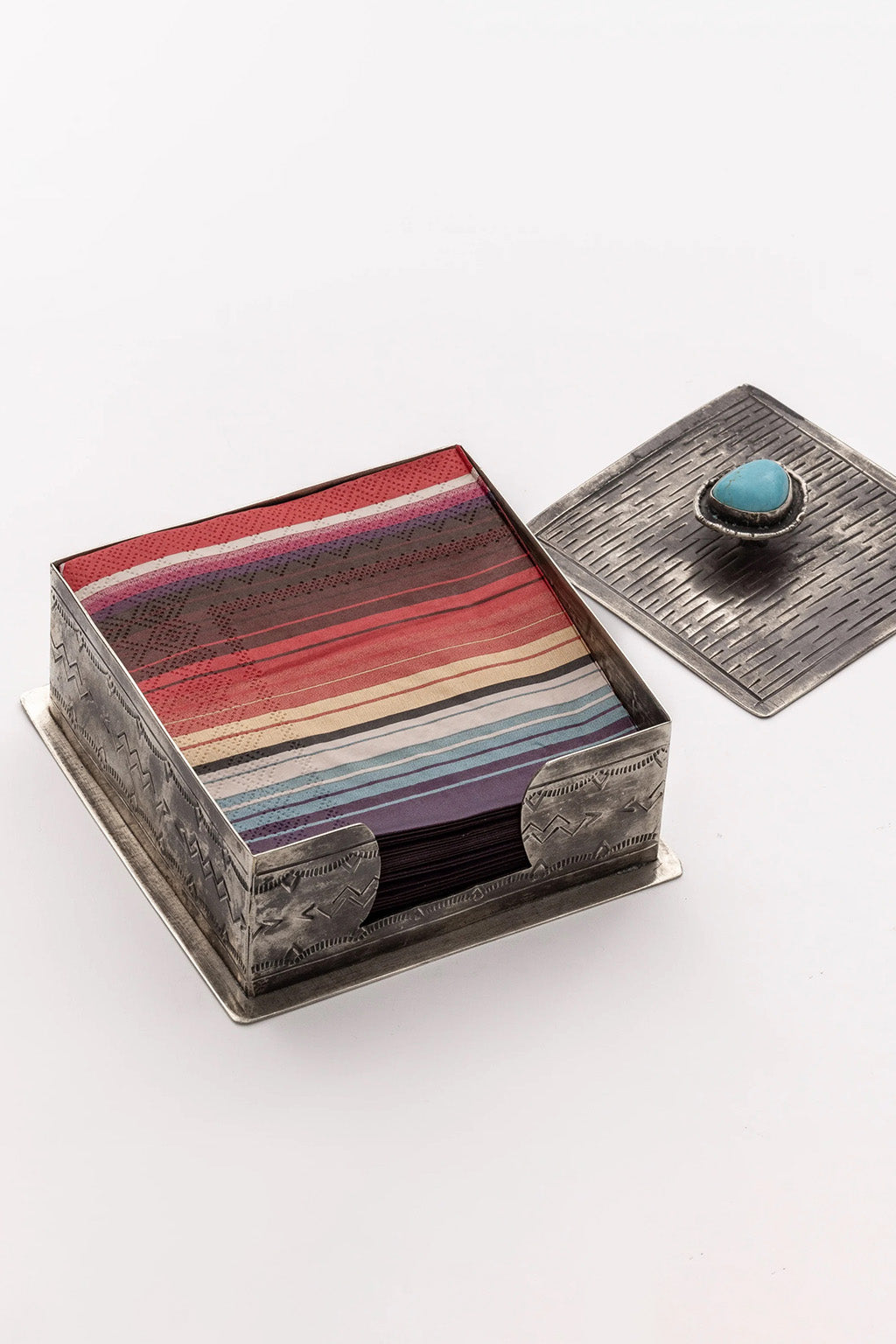 SILVER STAMPED COCKTAIL NAPKIN HOLDER WITH TURQUOISE