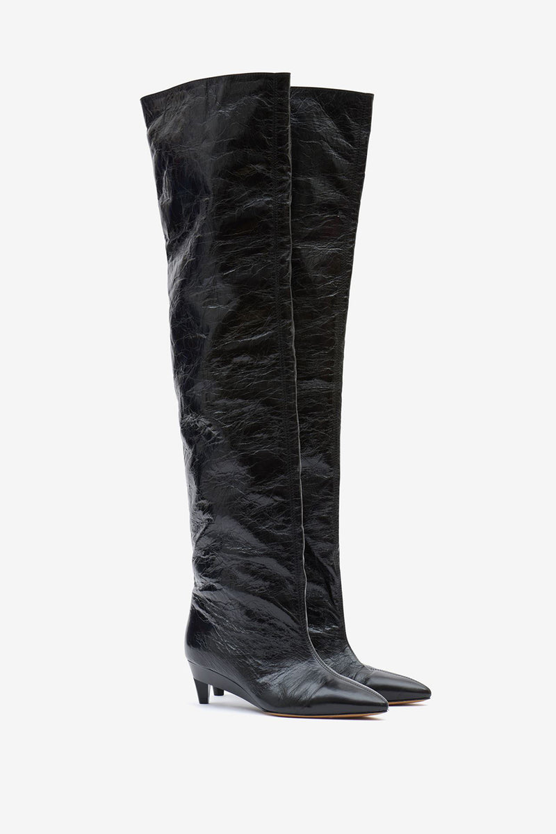 LISALI PATENT LEATHER POINT TOE THIGH HIGH BOOTS IN BLACK