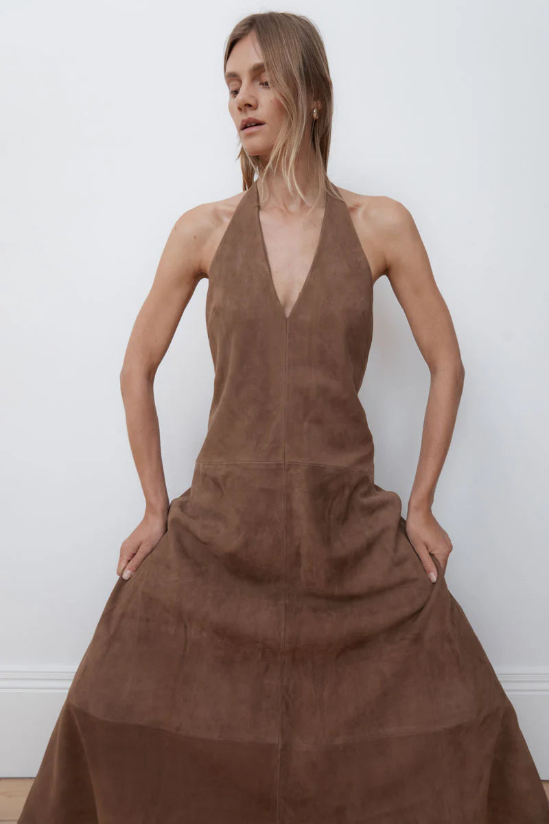 SUEDE HALTER PLUNGE DRESS