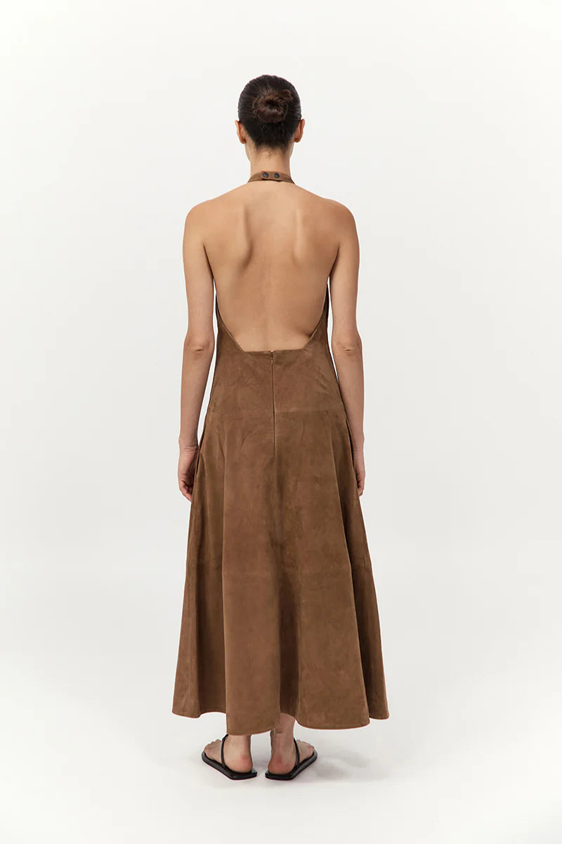 SUEDE HALTER PLUNGE DRESS