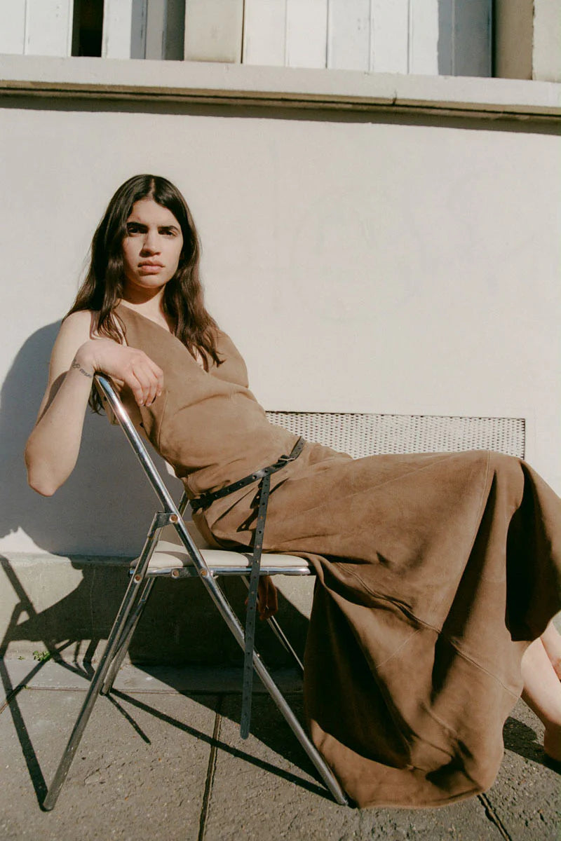 SUEDE HALTER PLUNGE DRESS