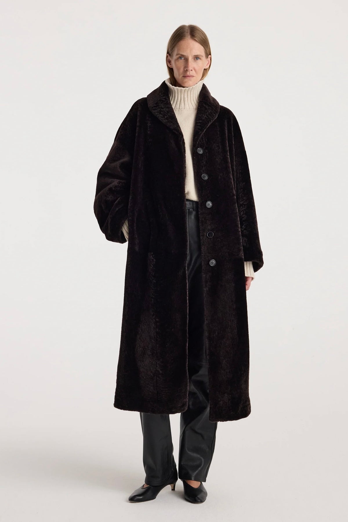 SHEARLING LEATHER SHAWL COLLAR COAT