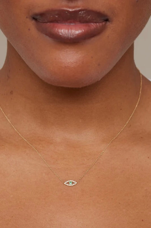 MINI DIAMOND OPEN EVIL EYE NECKLACE WITH EMERALD CENTER