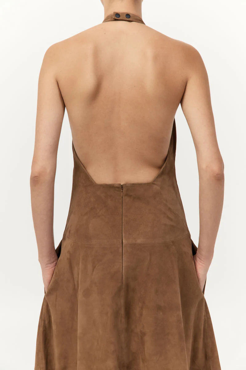 SUEDE HALTER PLUNGE DRESS