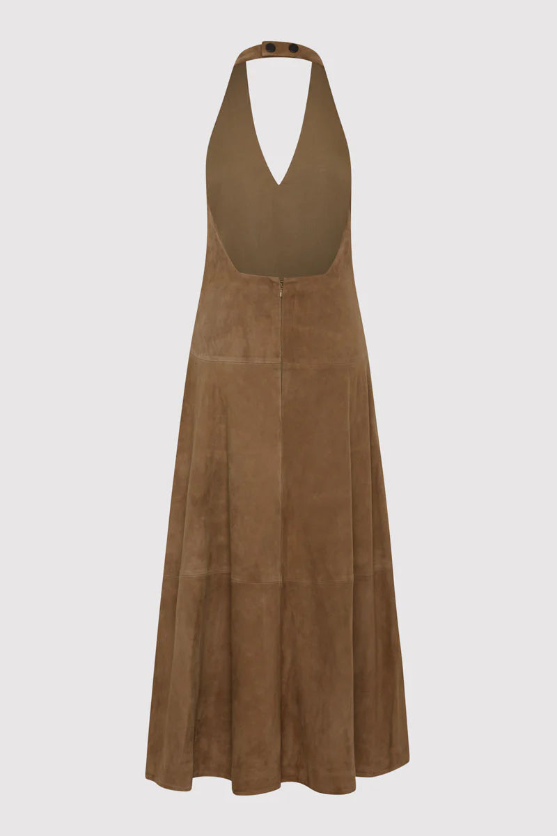 SUEDE HALTER PLUNGE DRESS