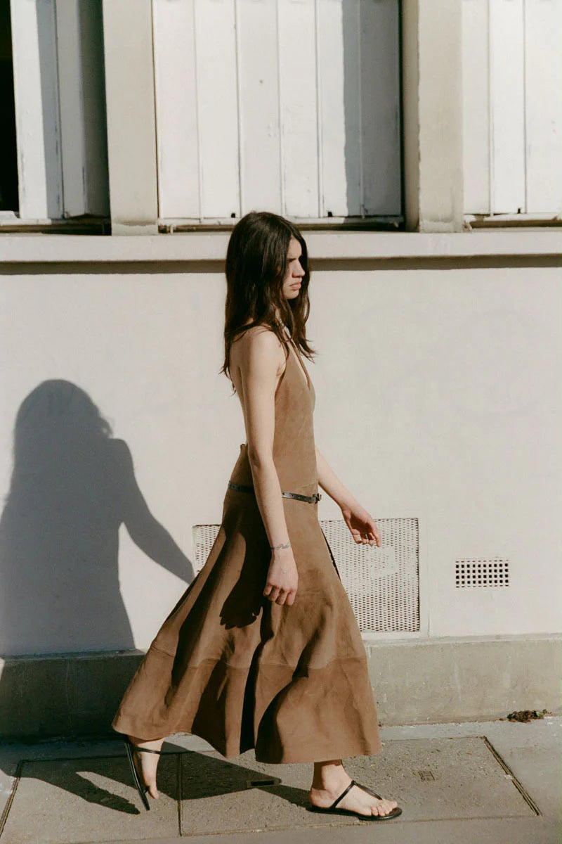 SUEDE HALTER PLUNGE DRESS