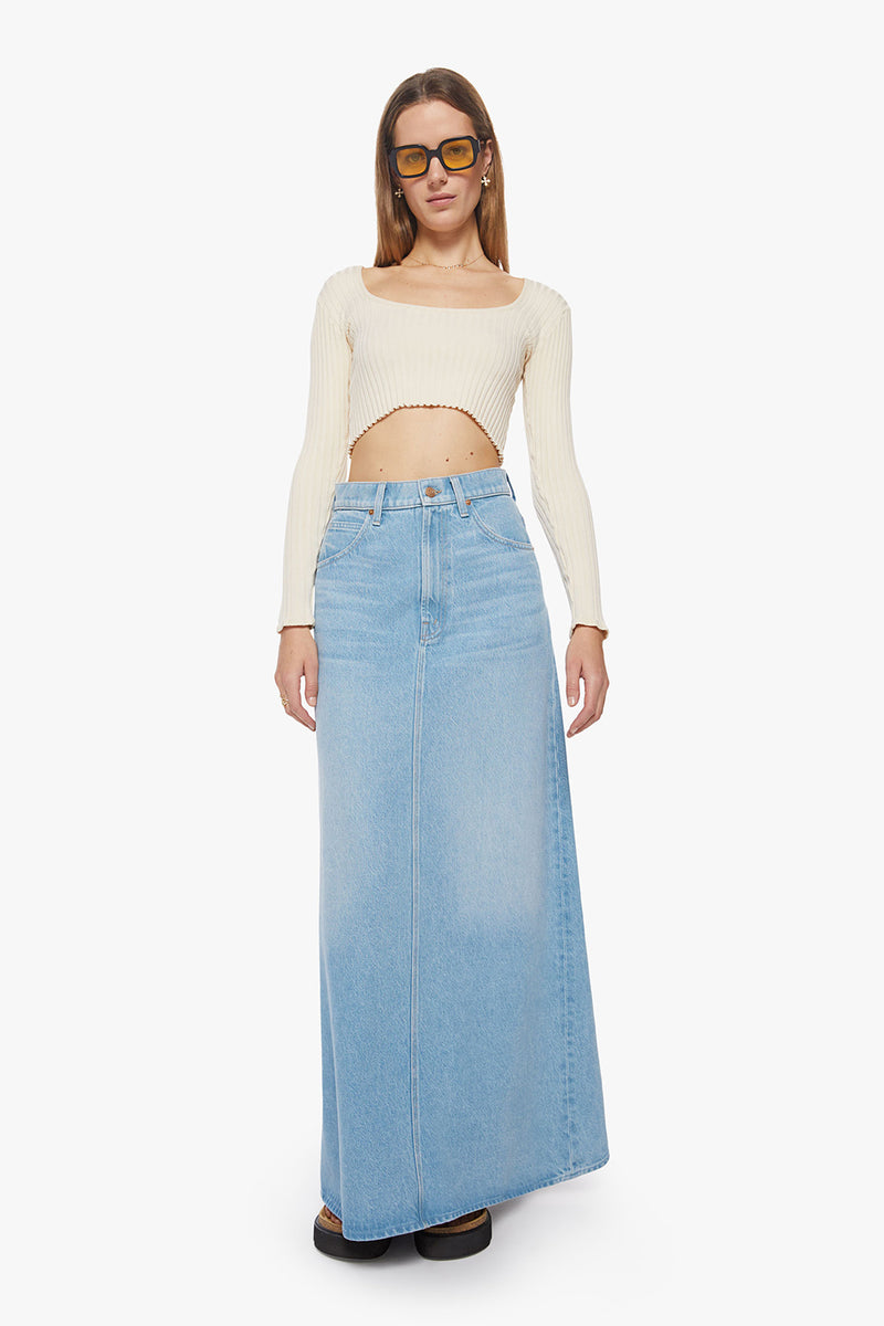 SNACKS! THE SUGAR CONE MAXI SKIRT IN SWEET AND SOUR DENIM