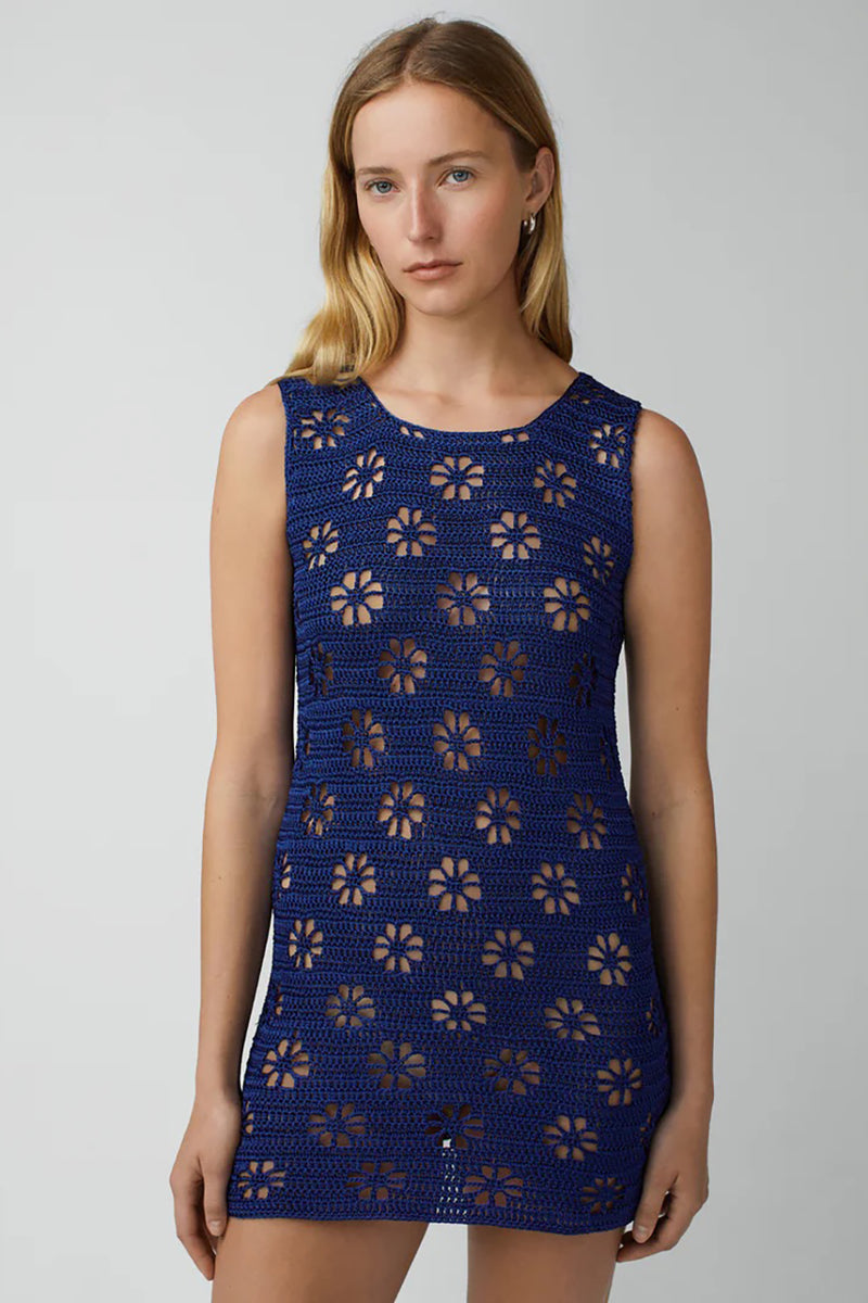 NAVY FLORAL CROCHET MINI DRESS