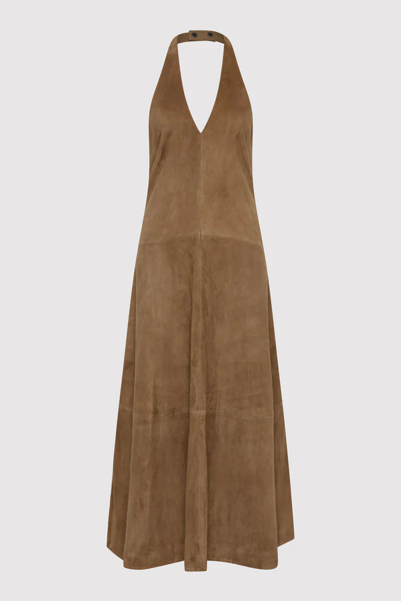 SUEDE HALTER PLUNGE DRESS
