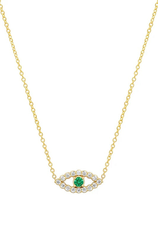 MINI DIAMOND OPEN EVIL EYE NECKLACE WITH EMERALD CENTER
