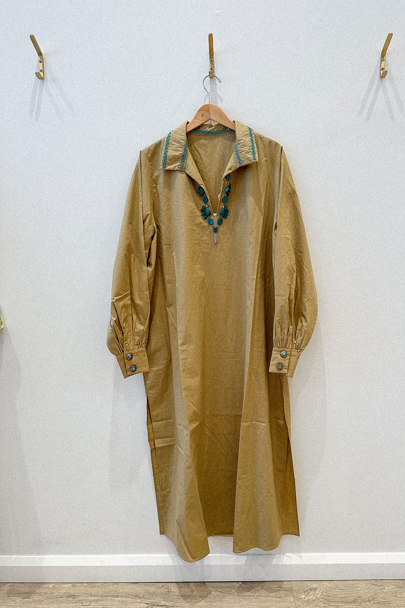 ABBAS DRESS IN CAMEL WITH TURQUOISE EMBELLISHMENTS