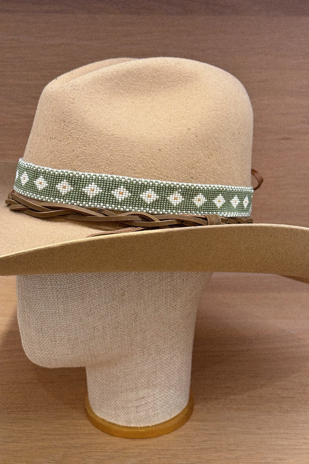 THICK BEADED HAT BAND IN SAGE GREEN, WHITE & OCHRE