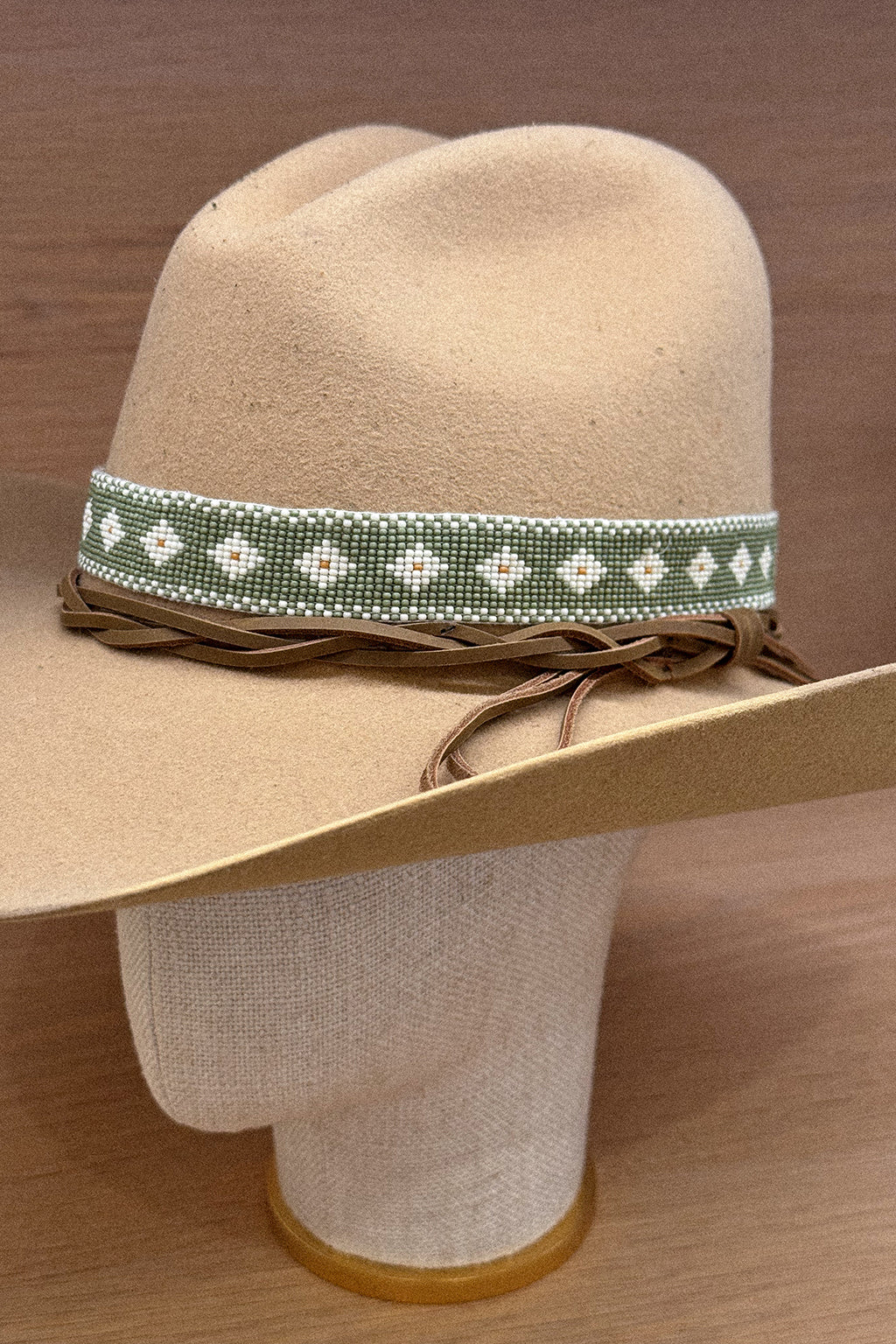 THICK BEADED HAT BAND IN SAGE GREEN, WHITE & OCHRE