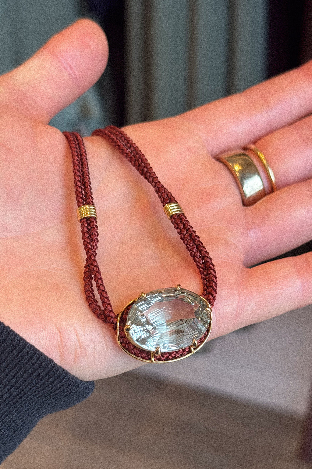 CONCAVE CUT GREEN AMETHYST SILK CORD PENDANT NECKLACE