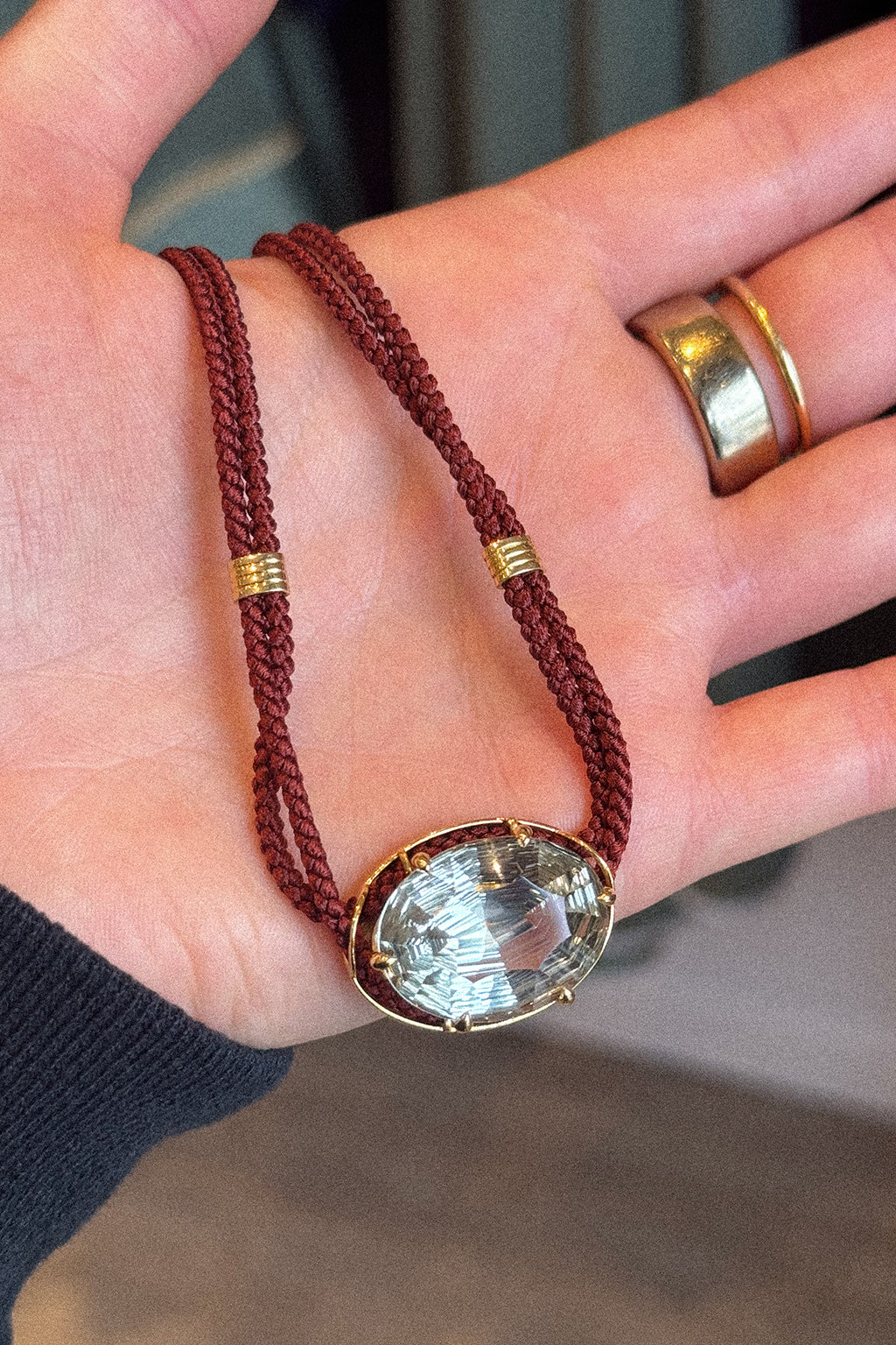 CONCAVE CUT GREEN AMETHYST SILK CORD PENDANT NECKLACE