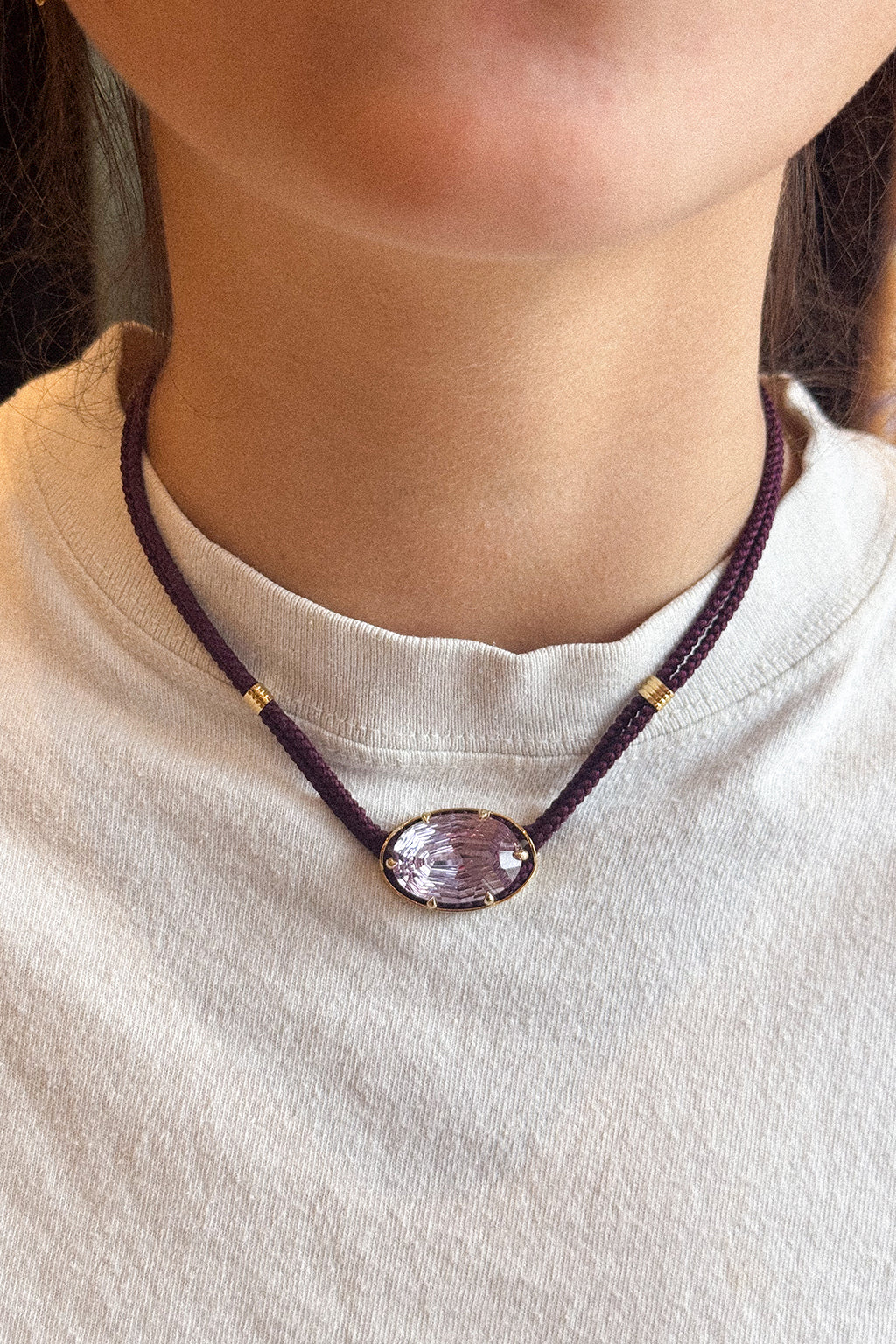 CONCAVE CUT PURPLE AMETHYST SILK CORD PENDANT NECKLACE