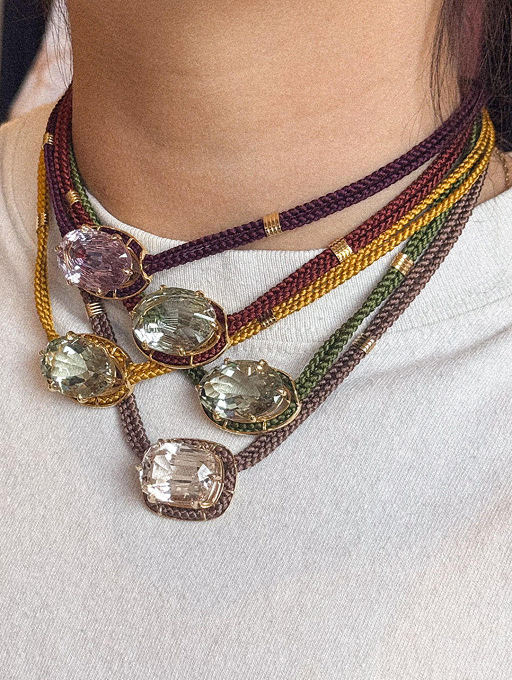 GREEN AMETHYST SILK CORD PENDANT NECKLACE