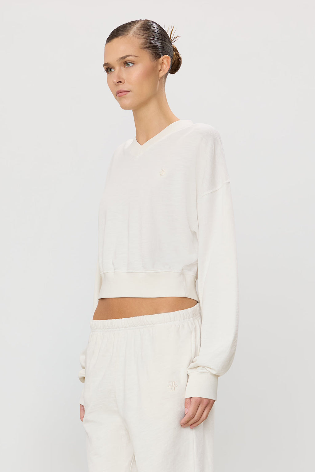 SWEAT-SHIRT CROP À COL EN V EN MOLLETON LÉGER