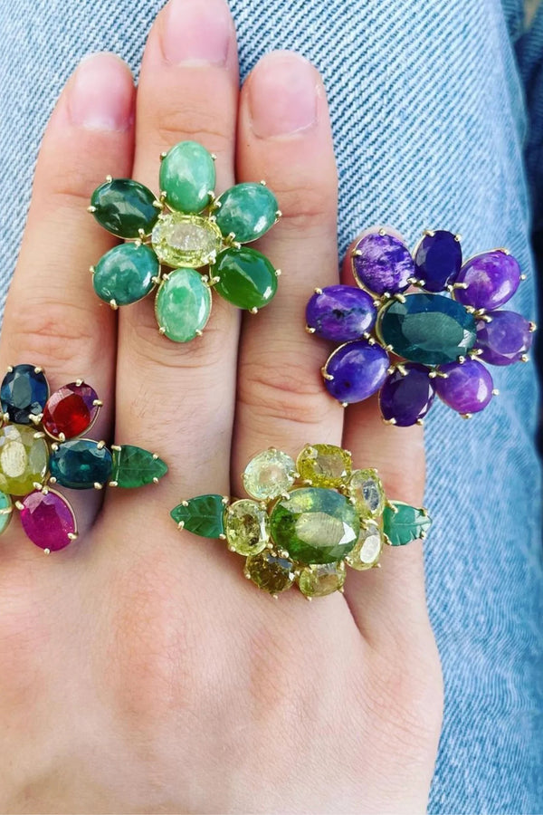 *Marisa Klass Trunkshow* HACKAMITE, SUJILITE AND BLUE TOURMALINE FLOWER RING