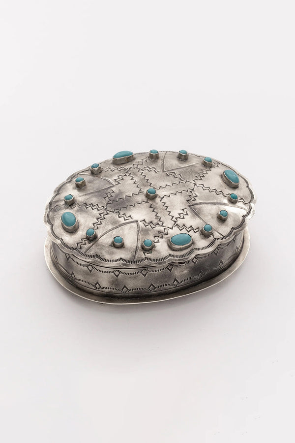 SILVER STAMPED OVAL BOX WITH TURQUOISE