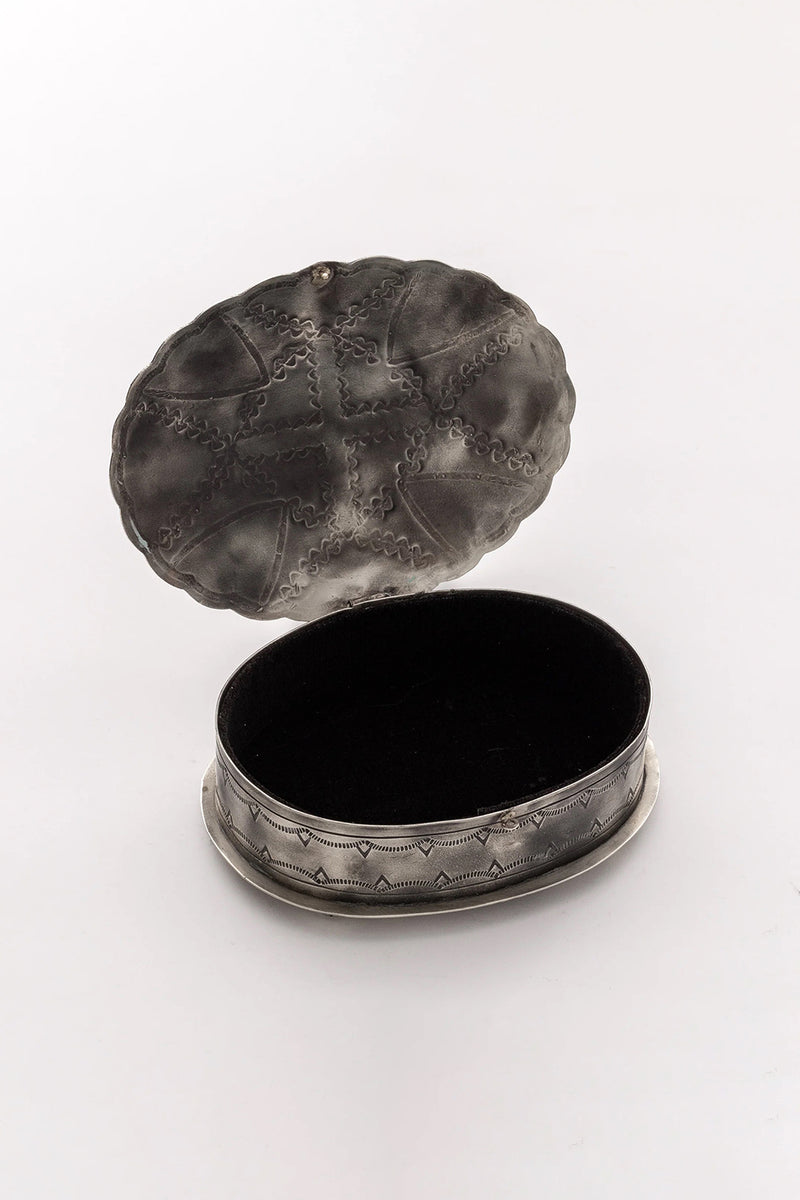 SILVER STAMPED OVAL BOX WITH TURQUOISE