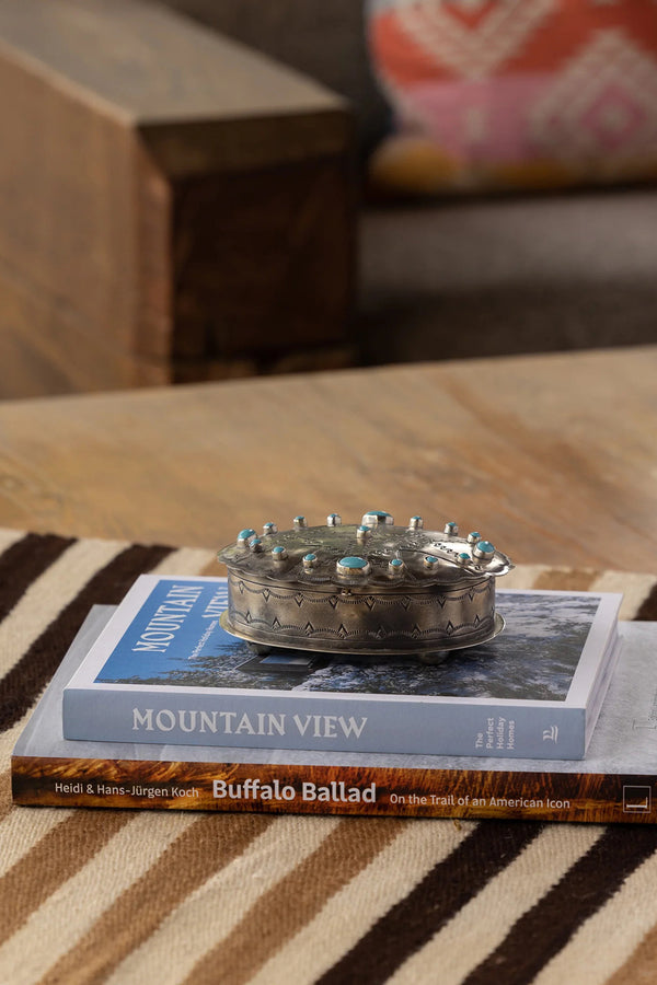 SILVER STAMPED OVAL BOX WITH TURQUOISE