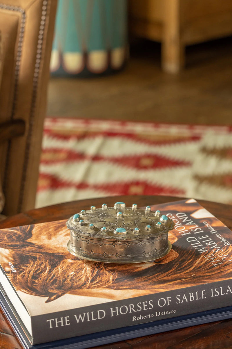 SILVER STAMPED OVAL BOX WITH TURQUOISE