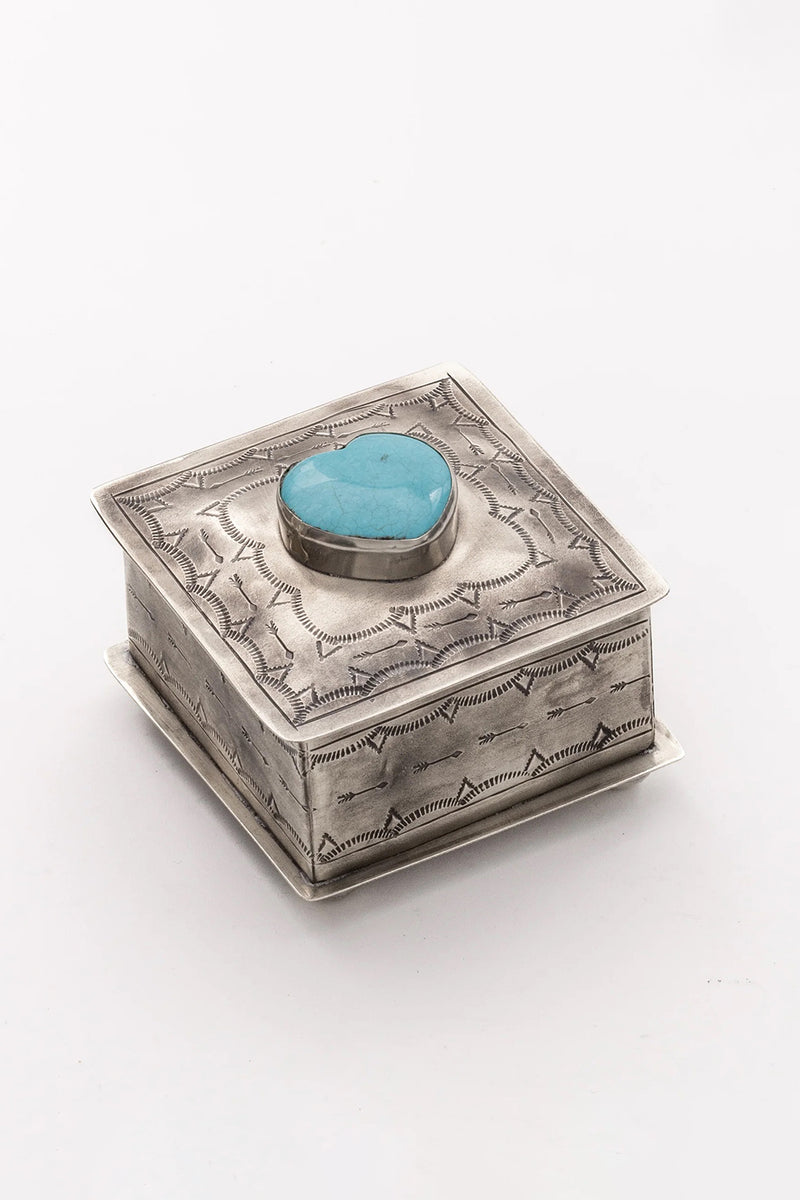 SILVER STAMPED BOX WITH TURQUOISE HEART