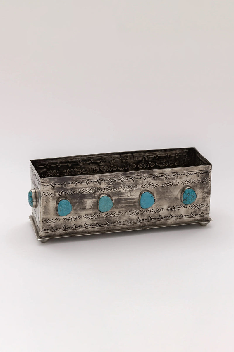 SILVER STAMPED PLANTER WITH TURQUOISE