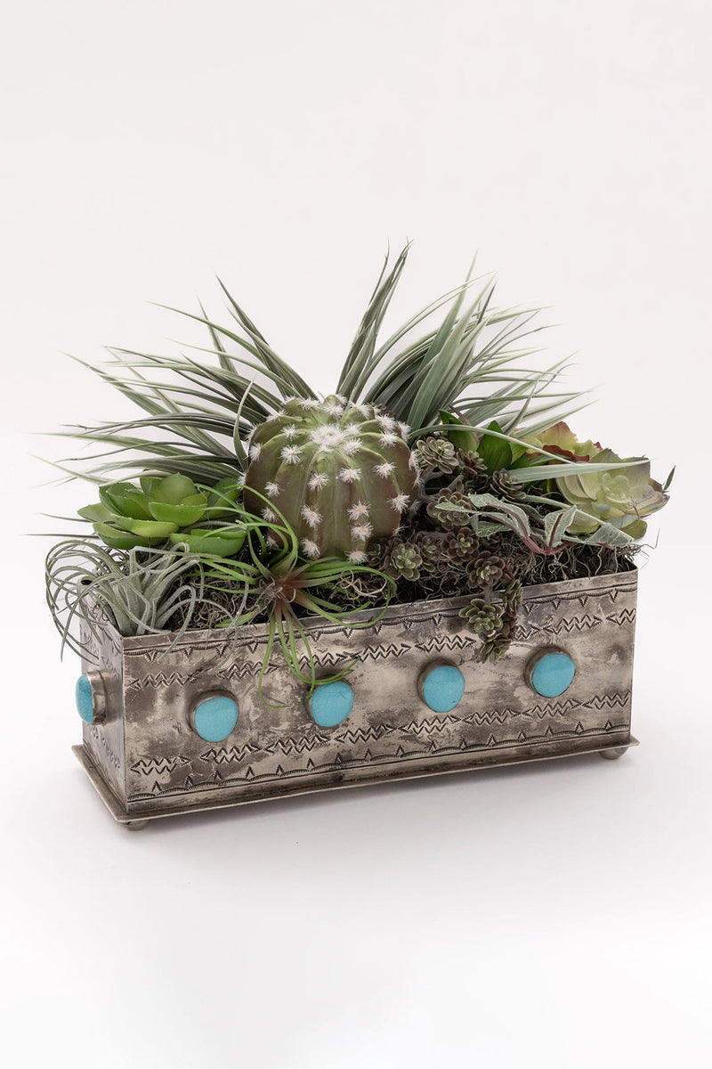 SILVER STAMPED PLANTER WITH TURQUOISE