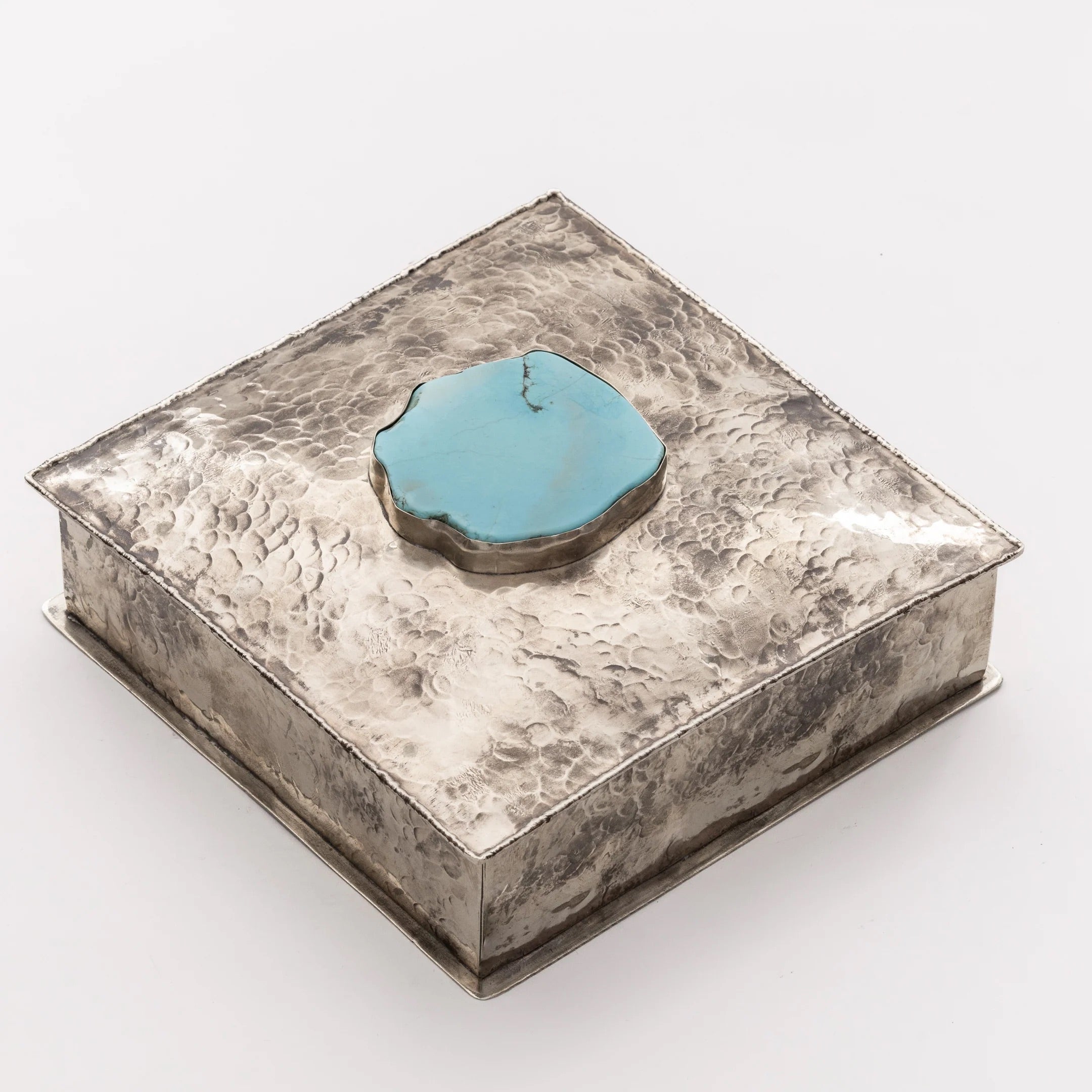 SQUARE 6" X 6" DIMPLED SILVER BOX WITH TURQUOISE