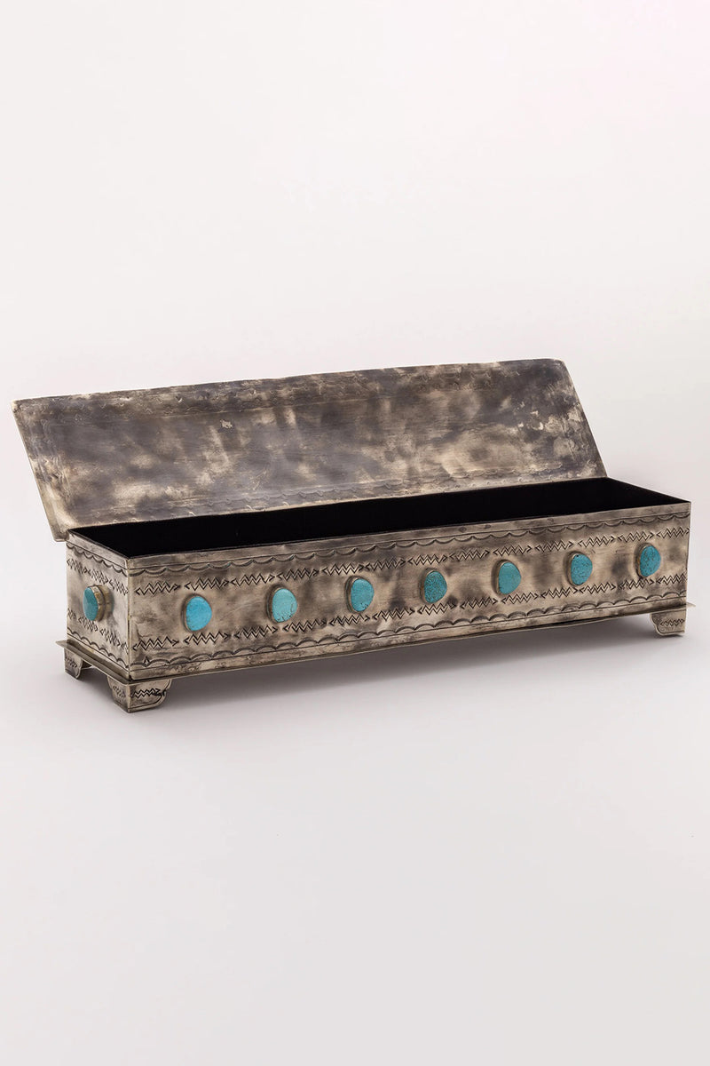 SILVER STAMPED LARGE MANTLE BOX WITH TURQUOISE