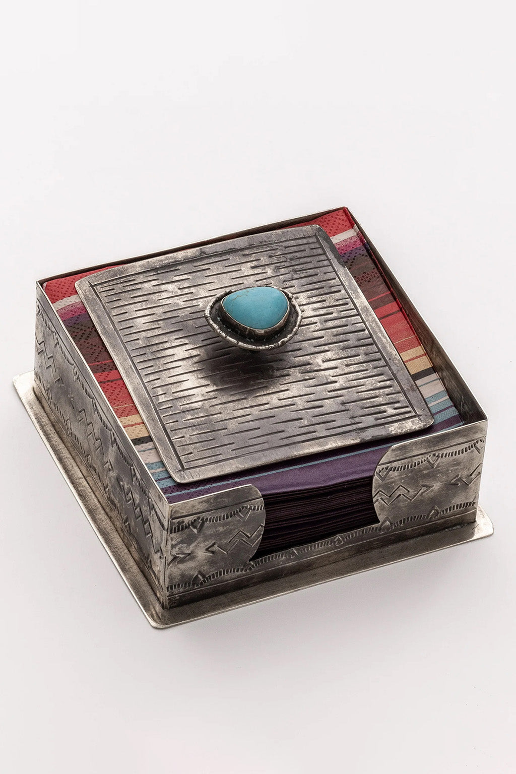 SILVER STAMPED COCKTAIL NAPKIN HOLDER WITH TURQUOISE