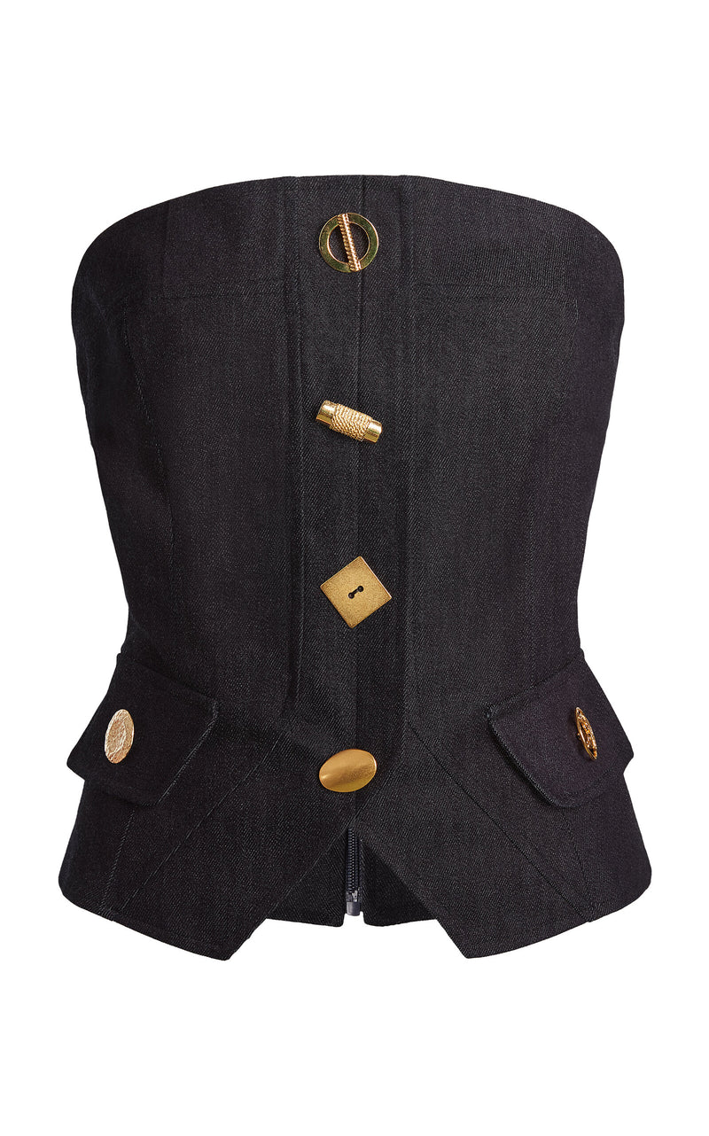 BIJOU COUTURE DENIM BUSTIER TOP