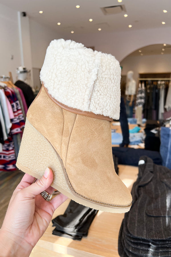 ISABEL MARANT TOTAM SUEDE AND SHEARLING WEDGE BOOTS IN NATURAL